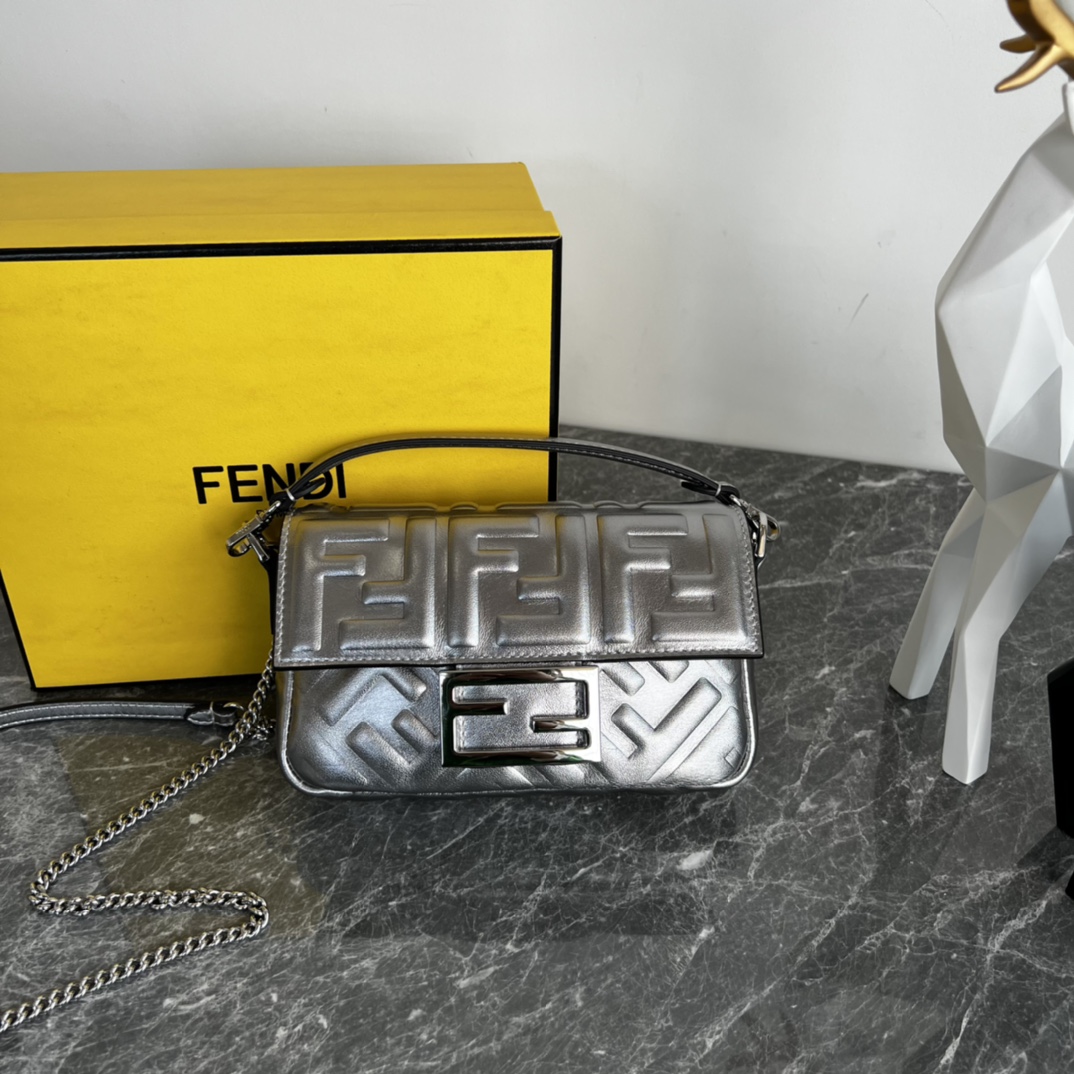 Fendi Mini Baguette Nappa Leather 3D-effect FF Shoulder Bag Silver